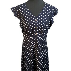 Navy Polka Dot Flutter Sleeve Midi Dress